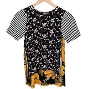 No. 21 Two-Toned 100% Silk Floral & Gingham Short Sleeve Blouse Sz S
